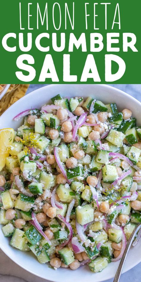 Healthy Lunch Party Ideas, Cold Salads For Lunch Easy Recipes, Last Minute Side Dishes Parties, Salad Recipes Potluck, Low Salt Side Dishes, Healthy Diet Salad Recipes, Sides Dishes For Party, Herby Cucumber Salad With Feta And Chickpeas, Cucumber Pea Salad