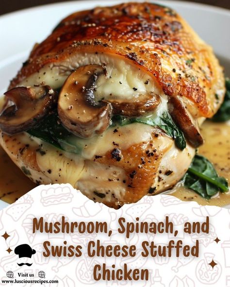 Luscious Recipes | Mushroom, Spinach, and Swiss Cheese Stuffed Chicken | Facebook Corn Tomato Salad, Spinach Benefits, Mushroom Spinach, Cheese Alternatives, Cheese Stuffed Chicken, Creamy Garlic Sauce, Chicken Recipies, Roasted Walnuts, Chicken Stuffed