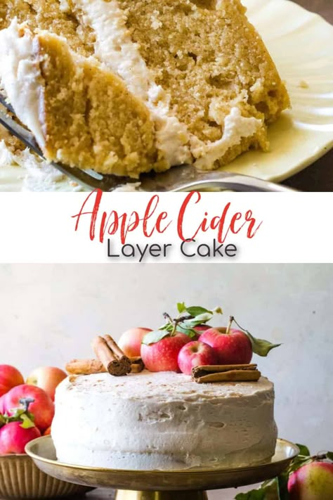 This Apple Cider Cake is the perfect fall layer cake with its crisp apple flavors combined with comforting warm spices like cinnamon, nutmeg, ginger, cardamon and allspice. All the flavors of fall! #cakerecipe #applecider #falldessert #fallrecipe | See this and other delicious recipes at TheSeasideBaker.com Apple Cider Cake, Cider Cake, Birthday Cake Decorating Ideas, Pumpkin Spice Recipe, Crisp Apple, Fall Foods, Cinnamon Recipes, Cake Baking Recipes, Elegant Desserts