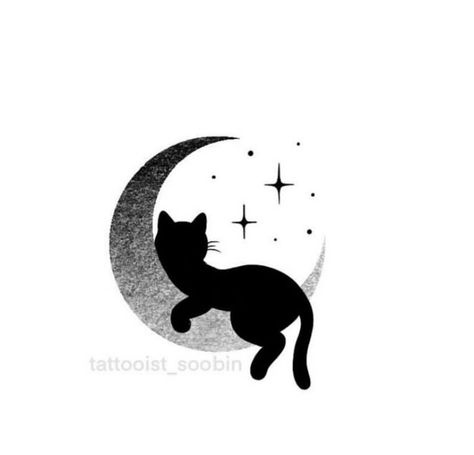 Black Cat On Moon Tattoo, Magical Cat Tattoo, Black Cat Heart Tattoo, Black Cat Witch Tattoo, Celestial Cat Tattoo, Black Cat Tattoo Ideas, Moon Tattoo Designs For Women, Cat And Moon Tattoo, Black Cat Pottery