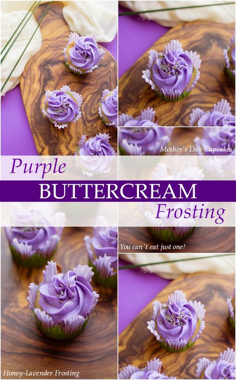 Purple Buttercream Frosting - Honey Lavender Buttercream Frosting and Vanilla Cupcakes for Mother's Day. Perfect colorful cupcakes to celebrate Mother's Day or any day with purple frosting recipe! #cupcakes #food #recipe #recipes #mothersday #delish #yum #frosting #purple #vanilla #dessert #dessertrecipes #sweet #sweets Purple Frosting Cake, How To Make Purple Frosting, Purple Buttercream Frosting, Purple Icing Cupcakes, Purple Frosting Cupcakes, Lavender Buttercream Frosting, Purple Treats, Purple Frosting, Lavender Buttercream