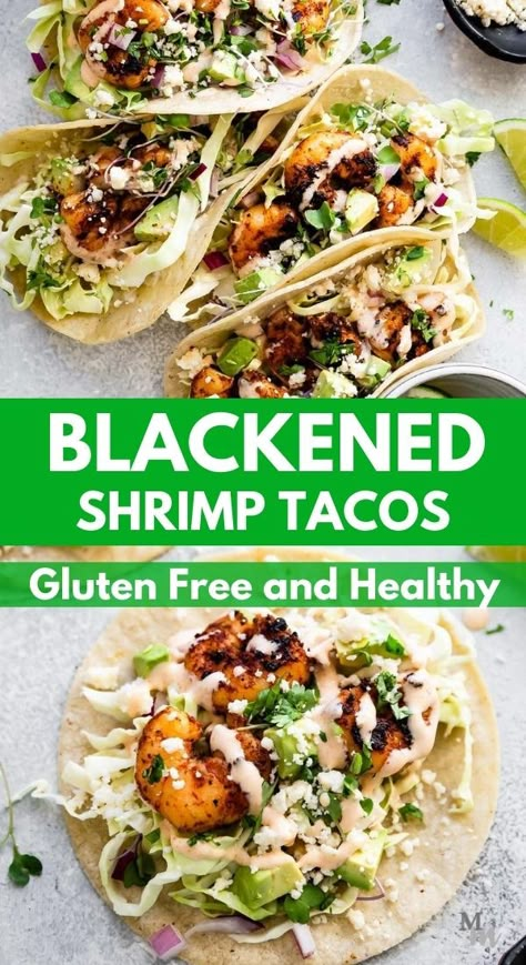 Gluten Free Tacos Recipes, Blackened Shrimp Tacos, Healthy Shrimp Tacos, Healthy Taco Recipes, Gluten Free Easy, Gluten Free Tacos, Shrimp Taco Recipes, Dinner Recipes With Ground Beef, Blackened Shrimp