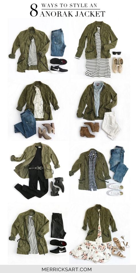 Merrick's Art // Style + Sewing for the Everyday Girl :  8 Ways to Style an Olive Jacket Olive Green Jacket Outfits, Svarta Outfits, Green Jacket Outfit, Merricks Art, Olive Jacket, Olive Green Jacket, Clothes And Shoes, Army Jacket, Mode Casual