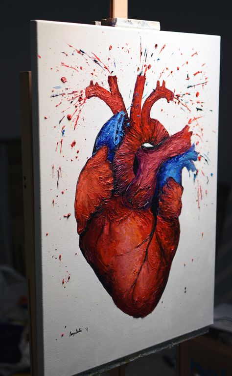 Painted Anatomical Heart, Painting A Heart On Canvas, Paint Your Feelings Art, Feelings Painting Ideas, Diy Heart Painting, Psychological Artwork, Heart Drawing With Color, Real Heart Painting, Heart Painting Ideas On Canvas