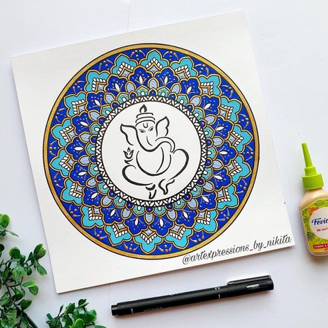 Ganesh Mandala for gifting and decor Ganesha Mandala Art Coloured, Ganapathi Mandala Art, Ganesh Chaturthi Drawing Easy, Ganesh Mandala Art, Ganesha Mandala Art, Ganesh Mandala, Mandala Colour, Father's Day Drawing, Ornate Mandala