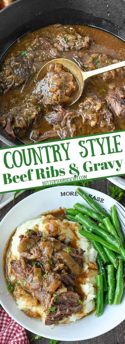 This Country Style Beef Ribs and Gravy dinner has super tender beef, smothered in a rich gravy. It only requires q few ingredients and 10 minutes of prep from you. Country Style Beef Ribs, Beef Rib Stew, Beef Country Style Ribs, Ribs Recipe Oven, Boneless Beef Ribs, Roaster Recipes, Beef Ribs Recipe, Country Style Pork Ribs, Oven Roasted Asparagus