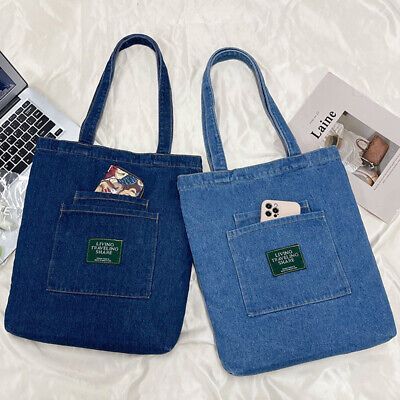 Womens Denim Tote Bag Blue Jean Shoulder Bags Travel Purse Beach Handbag Pockets  | eBay #jeansbagdiy #jeansbagdiyfreepattern #jeansbagdiyhowtomake Old Jeans Projects, Jeans Bags Ideas, Diy Jean Bag, Bag From Old Jeans, Food Machine, Recycled Denim Bags, Ropa Upcycling, Recycled Jeans Bag, Denim Bag Diy