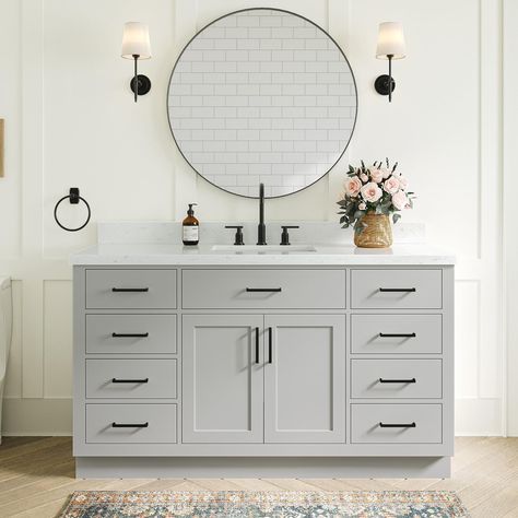 PRICES MAY VARY. Material- 60" single bathroom vanity is made of solid hardwood construction with plywood panels. It is the most durable and sturdy wood material on the market today for bathroom vanities. Another advantage of plywood is that it will resist expansion and contraction with moisture accumulation and temperature changes. No cracking, warping or paint peeling. There is No MDF or cheap particle board on the entire vanity. Grey painted finish. Countertop- Indulge in the timeless allure Gray Cabinet Black Hardware, Gray Bathroom Vanity Black Hardware, Gray Bathroom Cabinets Painted, Light Grey Bathroom Cabinets, 60 Vanity Single Sink, Bathroom With Gray Vanity, Bathroom With Grey Vanity, Gray Vanity Bathroom, Light Gray Bathroom Vanity