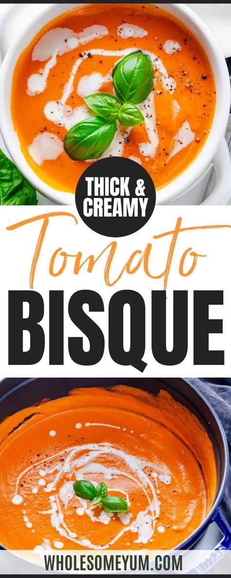 My easy tomato bisque recipe is the perfect cozy soup! It's creamy, thick, silky smooth, quick to make, and uses simple ingredients. Tomato Bisque Soup Easy, Easy Tomato Bisque, Best Healthy Soup, Tomato Bisque Recipe, Easy Tomato Soup Recipe, Tomato Bisque Soup, Soup Party, Bisque Soup Recipes, Cream Soup Recipes