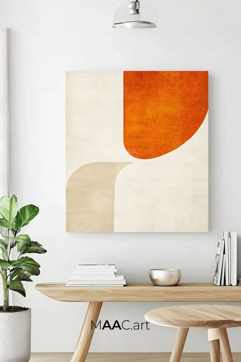 Modern abstract painting with bold orange and soft beige geometric shapes on white background, original handmade minimalist wall art Dynamic Composition, Orange Wall Art, Abstract Orange, Orange Decor, Modern Abstract Wall Art, Contemporary Interiors, White Wall Art, Handmade Artwork, Mid Century Decor