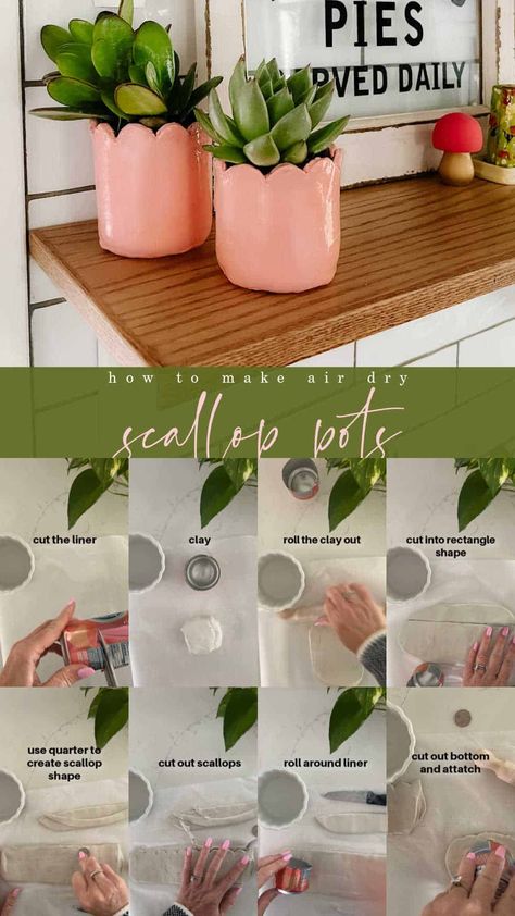 DIY Clay Succulent Scallop Pots Air Dry Clay Pots & Planters, Air Dry Clay Planter, Garden Gifts Diy, Succulent Pots Diy, Topiary Diy, Clay Plant Pots, Tree Branch Decor, Clay Planters, Clay Diy Projects