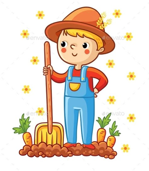 A young farmer in a garden with a carrot. The boy grows vegetables. Vector illustration with a farmer, shovel and carrots. Farmer Drawing, Young Farmers, Children's Garden, A Farmer, Garden Designs, Art Drawings For Kids, Lessons For Kids, The Boy, Kids Art Projects