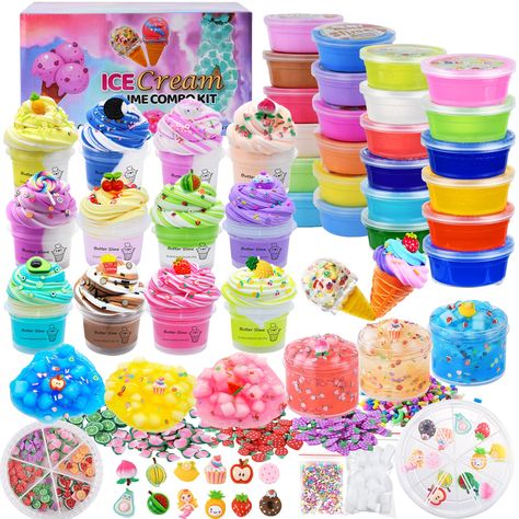 PRICES MAY VARY. ★slime kit for girls-Make slime you can carry around with the ultimate DIY slime kit. This slime kit comes with premade 12 Crystal Glue Slimes and 12 butter slimes,2 sectioned organizers (filled with slime chams and fruit slices),2 icecream cones and 3 packs of sponge cubes . ★Slime party favors- Playfulness is the child's nature! Your kids or your friends' kids will happy receive this butter slime kit as cool gift for Birthday, Christma, Reward. ★How to store- Prevent mucus fro Diy Slime Kit, Slime Making Kit, Dramatic Play Themes, Slime Kits, Glue Slime, Slime Supplies, Slime No Glue, Slimes Supplies, Butter Slime