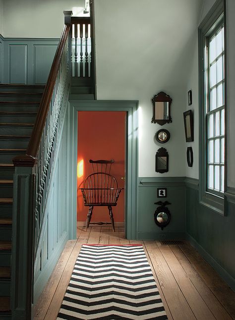 colonial verdigris CW-530 Benjamin Moore Color Hallway, Dröm Hus Planer, Wythe Blue, Painted Wainscoting, Benjamin Moore Gray, Dining Room Wainscoting, Wainscoting Styles, Green Hallway, Entrance Modern