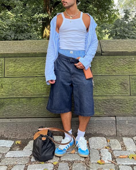 blues clues ——— summer outfit, blue, tank top, mirror selfie, nyc style, jorts outfit, men’s styling, boxers outfit Men Boxers Outfit, Blue Outfit Men Street Styles, Tank Top Mirror Selfie, Boxers Outfits, Boxers Outfit, Blue Outfit Men, Svt Concert, Style Jorts, Jorts Outfit