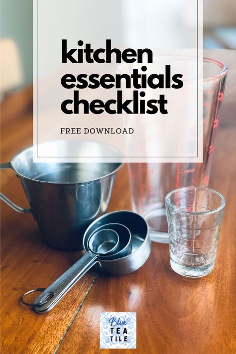 First Kitchen Essentials, Kitchen Essentials Checklist, Mens Kitchen, Frugal Homemaking, Minimalist Kitchen Essentials, Kitchen Checklist, Pantry List, Essentials Checklist, Thrift Shop Finds