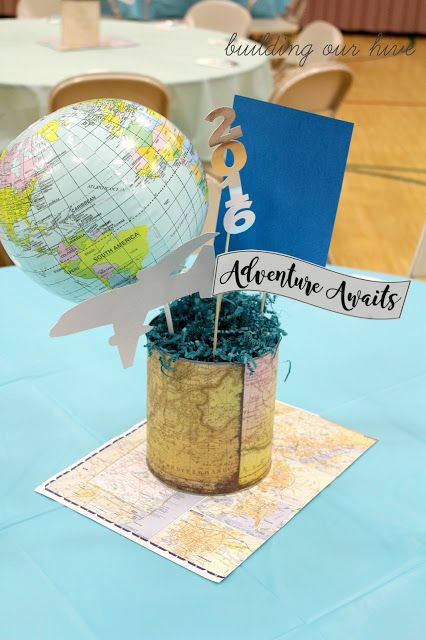 Adventure Awaits! Graduation Centerpiece Travel Centerpieces, Graduation Table Centerpieces, Graduation Centerpiece, Senior Graduation Party, Graduation Open Houses, Graduation Tables, Travel Party Theme, Adventure Party, 8th Grade Graduation