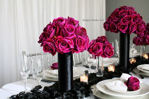 White Tuxedo Wedding, Magenta Roses, Black Centerpieces, Rose Centerpiece, Magenta Wedding, Tall Centerpiece, Pink Centerpieces, Hot Pink Weddings, Rose Fushia