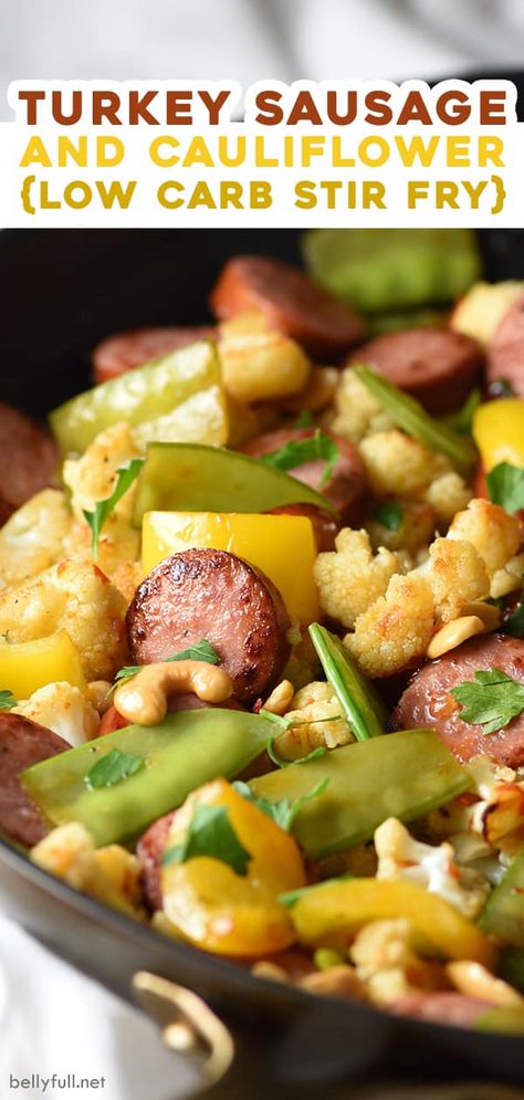 This Turkey Sausage and Cauliflower Stir Fry recipe is an easy and delicious 30-minute skillet dinner, perfect for busy weeknights! Healthy and low carb, too! Turkey Kielbasa Recipes, Sausage And Cauliflower, Sausage Stir Fry, Turkey Sausage Recipes, Cauliflower Stir Fry, Kielbasa Recipes, Stir Fry Dishes, Paleo Crockpot, Easy Family Dinners