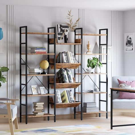 Transform your home office space with our rustic industrial vintage brown bookshelf! Its blend of metal and wood adds a unique, refined charm that's perfect for avid readers and style enthusiasts alike. This sturdy, high-quality bookcase provides ample space for your cherished books and decor. Infuse your workspace with character and order your Industrial Bookshelf today. Click the pin to order today! #affiliate #officedecor #rusticdecor Wide Bookshelf, Large Bookshelves, Open Display Shelf, Industrial Bookshelf, Open Bookshelves, Corner Bookshelves, Etagere Bookcase, Bookcase Shelves, Home Library