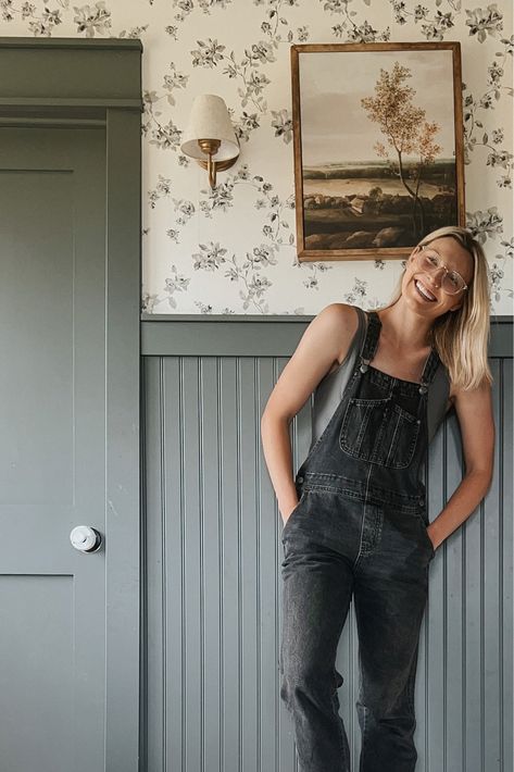 Dark Beadboard Walls, Beadboard Wainscoting Same Color As Wall, Wallpaper And Beadboard Bedroom, Wallpaper And Trim Wall, How To Bead Board Wall, Vintage Floral Wallpaper Bathroom, Dark Blue Beadboard, Office With Beadboard, Beadboard Walls Playroom