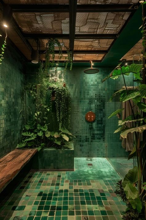 12 Emerald Green Bathrooms Ideas: Serene and Stylish! - My Decor Inspo Dark Green Vintage Bathroom, Green Bathrooms Ideas, Black And Green Bathroom, Green And Black Bathroom, Emerald Bathroom, Tropical Bathroom Design, Emerald Green Rooms, Emerald Green Bathroom, Easy Outdoor Projects