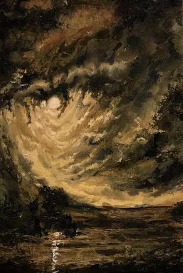 Tonal landscapes | Saatchi Art Oil Painting Aesthetic Dark, Fantasy Landscape Painting, Cottagecore Landscape, Moon Oil Painting, Dark Academia Painting, Moody Dark Academia, Contemporary Surrealism, Sky Oil Painting, Landscape Dark