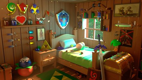 Zelda Boys Bedroom, Zelda Room Aesthetic, Legend Of Zelda Themed Room, Zelda Themed Bedroom, Zelda Inspired Room, Legend Of Zelda Bedroom, Zelda Room Ideas, Legend Of Zelda Room Decor, Zelda Themed Room