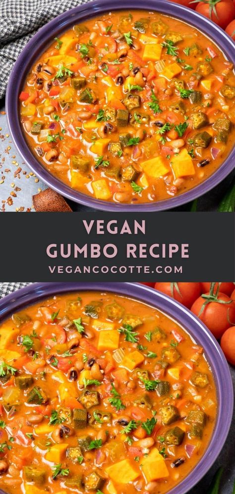 Vegan Creole Recipes, Vegan Gumbo Recipe, Vegan Gumbo, Vegetarian Gumbo, Fresh Okra, Vegan Cajun, Bowl Of Rice, Mardi Gras Food, Gumbo Recipe