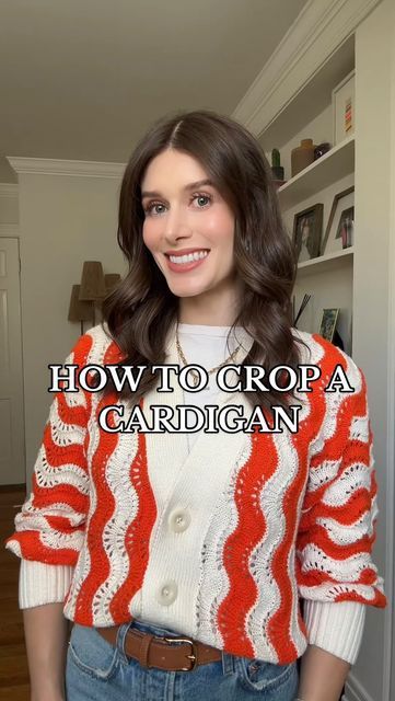 Rebecca Kahane Pankow on Instagram: "How to crop a cardigan. Will you be trying this #hack ?" How To Crop A Cardigan, How To Crop A Sweater, Cardigan Hacks, Button Cardigan Outfit, Cardigan Outfit Ideas, Smart Dressing, Diy Cardigan, Shirt Hacks, Teacher Clothes