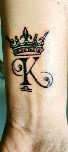 K Crown Tattoo, K Tattoo Letter With Crown, K With Crown Tattoo, Crown Tattoo Wrist, Libra Zodiac Tattoos For Women, Letter K Tattoo, King Crown Tattoo, Libra Zodiac Tattoos, Taino Tattoos