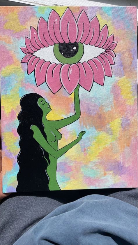 green alien girl holding flower eye Gen Z Painting, Wall Doodle Art Creative, 90s Painting Ideas Aesthetic, 90s Painting Ideas On Canvas, Feminine Painting Ideas, Wall Painting Ideas Trippy, Cool Easy Paintings On Canvas Trippy, Laptop Painting Ideas, Bohemian Painting Ideas