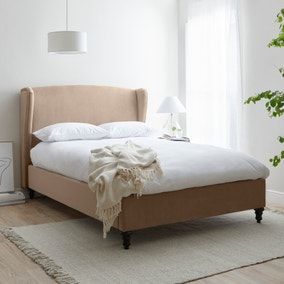 Taupe Upholstered Bed Bedroom Ideas, Winged Headboard Bedroom, Taupe Bed, Bed Frames Uk, Wood And Upholstered Bed, Taupe Bedding, Winged Bed, Beds Uk, Winged Headboard