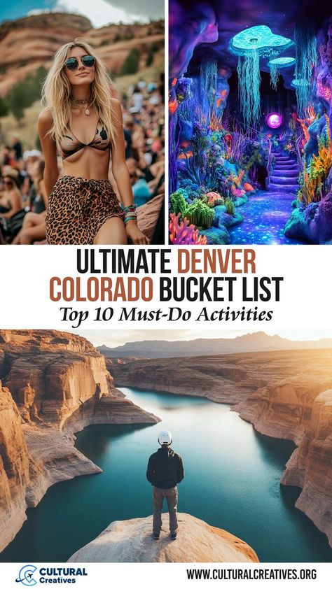 A collage of outdoor and indoor scenes including a woman at a festival, a vibrant otherworldly art exhibit, and a person standing at the edge of a cliff overlooking a canyon, representing the Ultimate Denver Colorado Bucket List. Shopping In Denver Colorado, Visiting Denver Colorado, Denver In January, Things To See In Denver Colorado, Travel To Colorado, Denver In The Fall, Colorado To Do, Best Things To Do In Denver Colorado, Denver Date Ideas