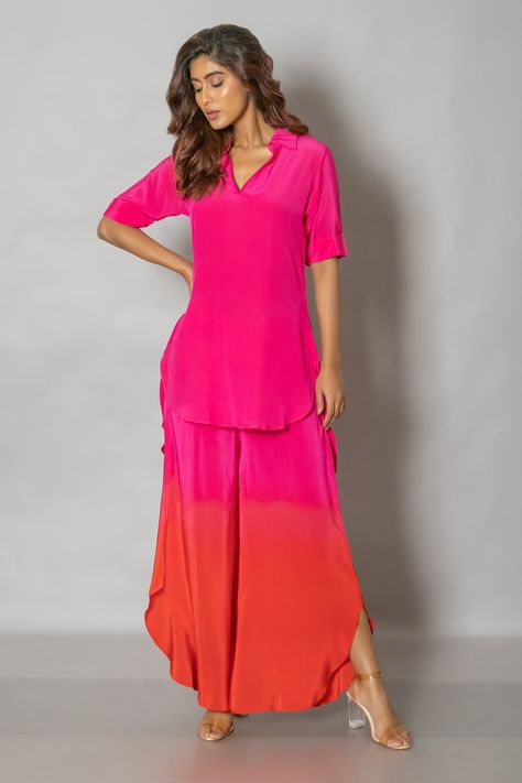 Shop for these amazing collections of Pink Crepe Solid Stand Collar Top And Pant Set For Women by Pinki Sinha online at Aza Fashions. Crepe Stand, Christmas Outfit Aesthetic, Outfits Nyc, Stand Collar Top, Designer Kurti Patterns, Pant For Women, Dress Neck Designs, Crepe Top, Kurta Designs Women