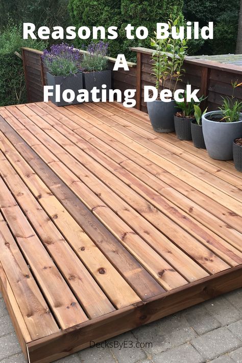 Floating Deck Backyard Ideas, Diy Platform Deck Ground Level, Platform Decks Backyard Ground Level, Outside Platform Deck, Patio Floating Deck, Front Floating Deck, Backyard Landscaping With Rocks Design, Ground Level Porch Landscaping, Outdoor Wood Platform