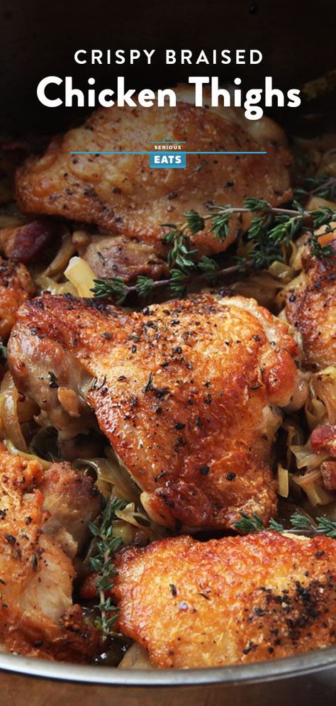 Crispy Braised Chicken Thighs With Cabbage and Bacon | Braising chicken with crispy skin is one of those riff-able techniques you return to time and time again for weeknight inspiration. This time, we pair it with cabbage and bacon for a hearty meal. #chickenrecipes #chicken #seriouseats #recipes Braising Recipes, Braised Chicken Thighs, Thighs Chicken, Chicken Drumstick Recipes, Cabbage And Bacon, Chicken Thigh Recipes Oven, Chicken Thigh Recipes Crockpot, Boneless Chicken Thigh Recipes, Chicken Thigh Recipes Baked