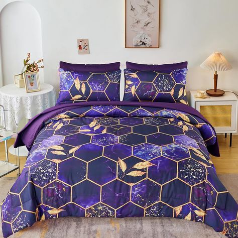 PRICES MAY VARY. [Exquisite Design✨] The stunning 7 pc honeycomb purple queen size comforter set, a perfect addition to elevate the style and comfort of your bedroom. The all season purple bed in a bag queen ensemble have beautiful hexagon geometric, highlighted by gold trim leaf print. The lightweight watercolor pattern of the purple geometric comforter set adds a subtle and artistic atmosphere to the overall design both practical and decorative [7 Piece Purple Queen Comforter Set] 1 Queen Reve Gold Comforter Set, Gold Bedding Sets, Gold Bedding, Marble Bedding, Marble Comforter, Green Comforter Sets, Gold Comforter, Watercolor Marble, Full Comforter Sets