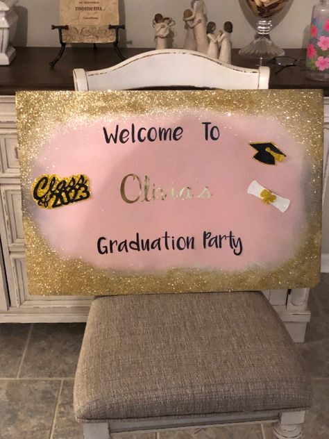 Made from a poster board, spray painted the middle pink, added glitter around edges Glitter Poster Board Ideas, Senior Poster Board Ideas, Poster Board Ideas, Senior Poster, Senior Posters, Pink Graduation, Graduation Poster, Dream Board, Board Ideas