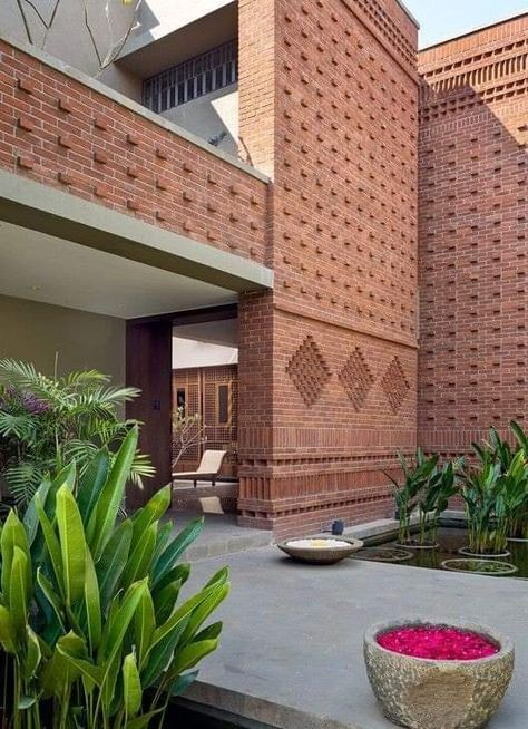 Brick Elevation Design, Brick Wall Exterior House, Brick Facade Design, Brick Wall Architecture, Brick Exterior Design, Brick Wall Decor Ideas, Modern Brick Wall, Brick Elevation, School Interiors