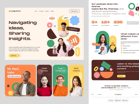 InsightPod - Podcast Landing Page Exploration by Paperpillar on Dribbble Colorful Website Design, Ui Cards, Hero Section, Best Landing Page Design, Colorful Website, Landing Page Design Inspiration, Homepage Design, Webpage Design, Portfolio Web Design