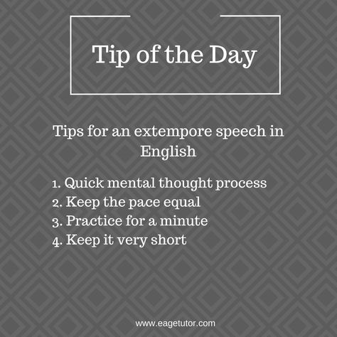 Here is a quick tip for extempore speech in English. Read here http://bit.ly/2sz7tNn #Englishtip #learningtip Extempore Speech Tips, Speech In English, Speech Tips, Speak English Fluently, English Speaking Skills, English Tips, Speaking Skills, Tip Of The Day, English Speaking