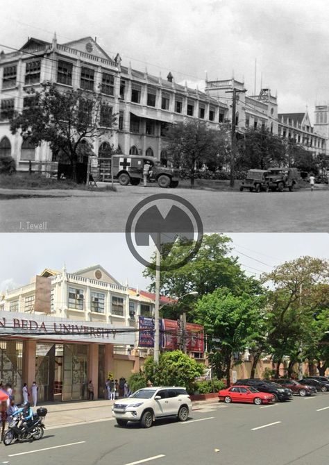 Dito, Noon: San Beda College, Mendiola, Manila, 1945 x May 2022. #kasaysayan -- Spanish Benedictine monk Fr. Juan Sabater OSB founded the El Colegio de San Beda (named after the Venerable St. Bede of England) in 1901, located along Arlegui Street in Manila. Due to a growing American influence, the institution was renamed San Beda College. The Benedictine monks moved the school to Mendiola Street in 1926. San Beda, Present Day, The School, Manila, Philippines, England, Photographer, Travel