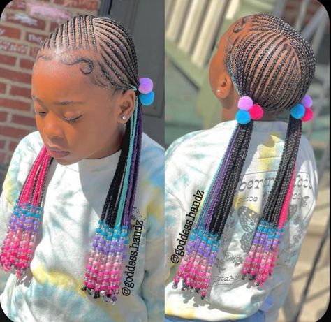 Two Braided Ponytails For Kids Black, Hair Bead Patterns For Braids, Children Hair Styles Braids With Beads, Black Daughter Hairstyles Braids, Stitch Braids For Kids, 2 Braided Ponytails For Kids, Braids For Black Hair Kids, Braided Ponytail Hairstyles Black Kids, Kid Braid Styles With Beads