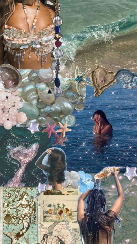 Mermaid, pearl, crystal, beads, sea, beach, star, starfish, glitter, sand, shell, seashell, swimming Mermaid Collage, Diy Fashion Photography, Aphrodite Aesthetic, European Summer Aesthetic, Mermaid Core, Grunge Pictures, Beachy Aesthetic, Victorian Aesthetic, Pretty Halloween