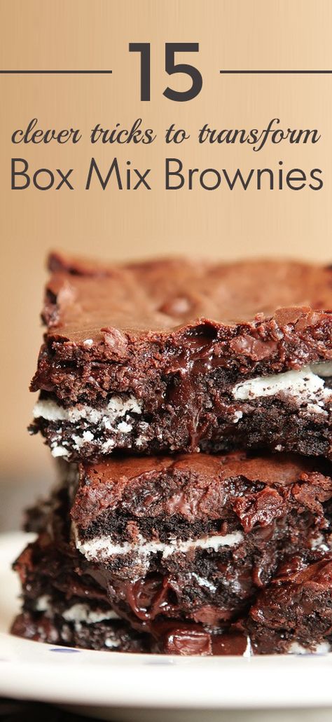 15 Clever Tricks to Transform Box Mix Brownies | No more boring brownies. Up the wow factor for your next batch of brownies with this collection of recipes . With a few added ingredients you can transform your basic brownie mix into peanut butter cup brownies or cookies & cream brownies or s'mores brownies or even brownie cookies. Which one will you try first? Click for the recipes. #sweettreats #sweets #yum #brownies #desserts #delicious Brownie Mix Desserts, Box Mix Brownies, Brownie Mix Recipes, Edible Recipes, Make Box, Fudge Brownie Recipe, Fudgy Brownie Recipe, Oreo Fudge, Fudgy Brownie