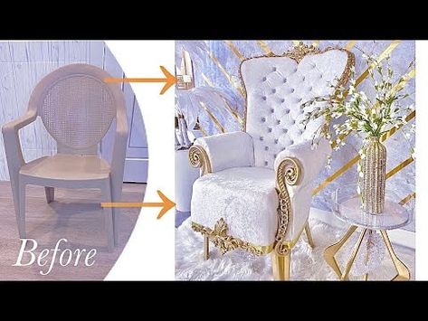 SEE HOW I TURNED A PLASTIC CHAIR INTO A THRONE CHAIR | DIY CHAIR ON A BUDGET! - YouTube Diy King Chair How To Make, Diy Thrown Chair, Diy Chair Decor, Diy Throne Chair, Chair Diy Ideas, Plastic Garden Chairs, Diy Chairs, Princess Chair, Blossom Crochet