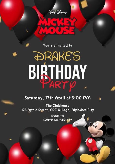 270+ customizable design templates for ‘mickey mouse’ Mickey Mouse Birthday Invitations Templates, Mickey Mouse Birthday Invitations Free, Mickey Mouse Invitation Template Free, Mickey Mouse Birthday Party Ideas 1st For Boys, Mickey Mouse Baby Birthday, Mickey Mouse Invitation Template, Drake Birthday Party, Spongebob Birthday Party Decorations, Mickey Mouse Birthday Invitation