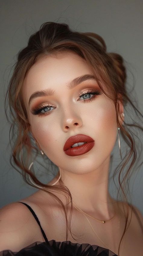 Makeup Ideas For Copper Dress, Full Face Makeup Brown Eyes, Classic Make Up Vintage Makeup, Makeup For Green Velvet Dress, Makeup Looks With Burgundy Dress, Peachy Brown Makeup, Wedding Makeup For Brown Eyes Red Hair, Wedding Makeup Red Dress, Rust Dress Makeup Look