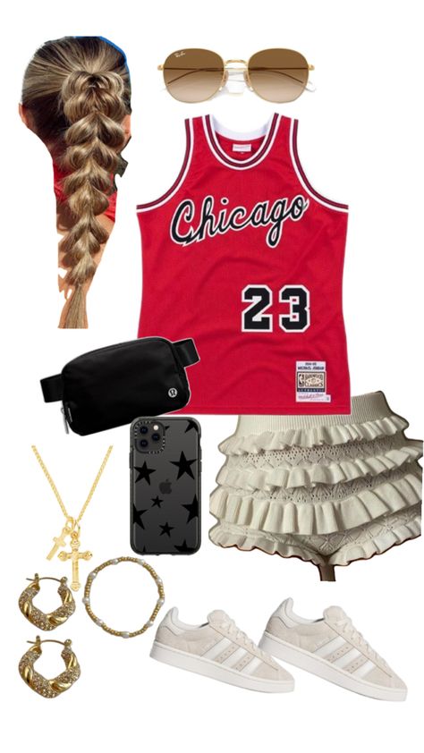 Lolla jersey day Chicago Windy City chi music festival cute bulls 23 Jordan slick back lollapalooza fit check cute edikted Bulls Outfit, Chicago Bulls Outfit, 23 Jordan, Lollapalooza Outfit, Jersey Day, Slick Back, Jersey Outfit, Windy City, Fit Check